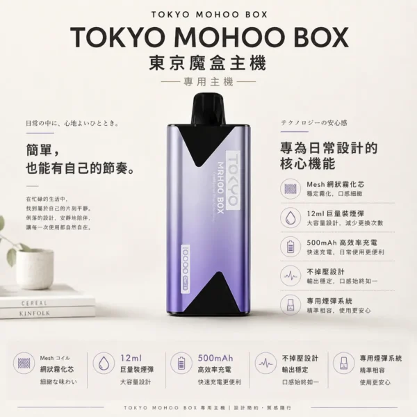 ChatGPT-Image-2026年8月25日-下午08_56_59.webp TOKYO MOHOO BOX 東京魔盒 專用主機 採用薄型外觀設計 結合Mesh網狀霧化芯帶來強勁濃郁口感